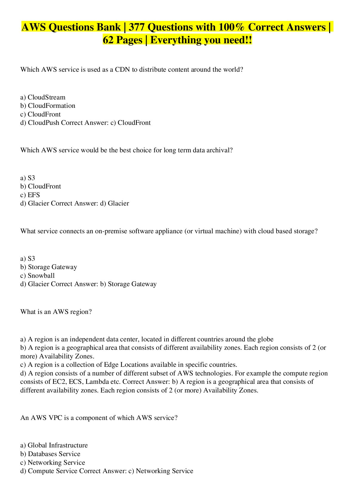 Preview image for AWS Questions Bank | 377 Questions with 100% Correct Answers | 62 Pages | Everything you need!!